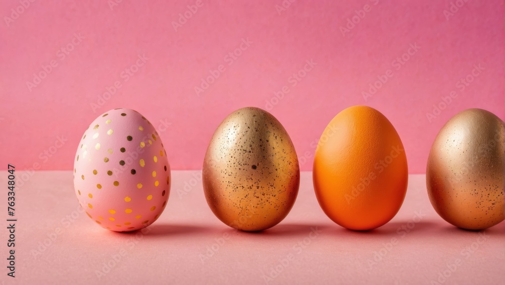  Three eggs resting on pink surface, pink wall in background