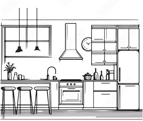 Kitchen interior drawing, vector illustration, sketch
