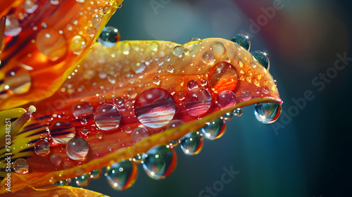 Droplets of water clinging to the petals of a freshly bloomed flower, refracting the sunlight like tiny prisms