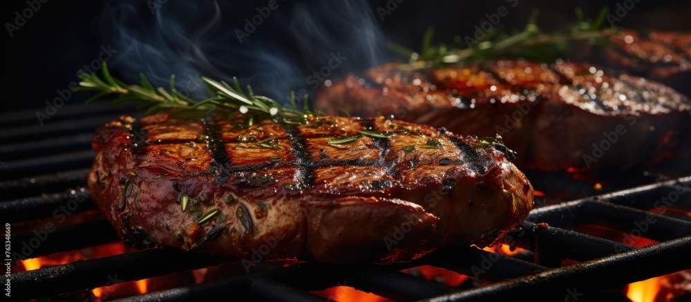 Steaks cooking on a grill with flames and smoke Steaks cooking on a grill with flames and smoke