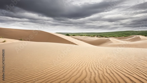  A cluster of sand hills in the desert amidst a gloomy sky, featuring a verdant patch of vegetation upfront