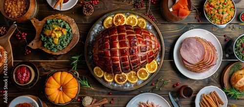 Plates of traditional holiday side dishes surround a centerpiece of a honey-glazed spiral-cut ham on a wooden table