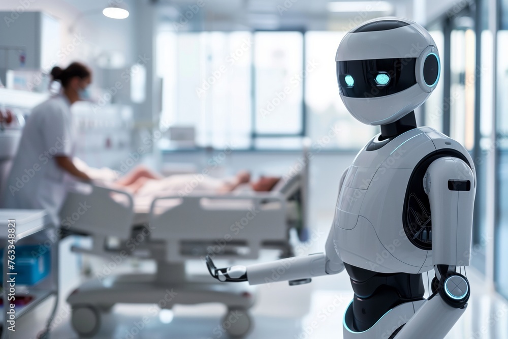 A robot in a hospital receives a people, helping to doctor. Concept future of healthcare, robotic and medicine A robot in a hospital receives a people, helping to doctor. Concept future of healthcare, robotic and medicine