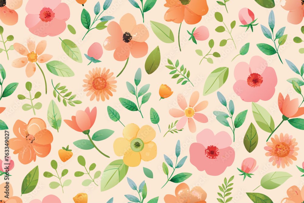 Seamless pattern with flowers and leaves. Vector floral illustration. Seamless pattern with flowers and leaves. Vector floral illustration.
