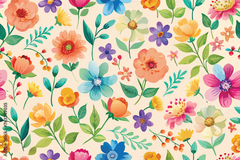 Seamless pattern with colorful flowers and leaves on light background.