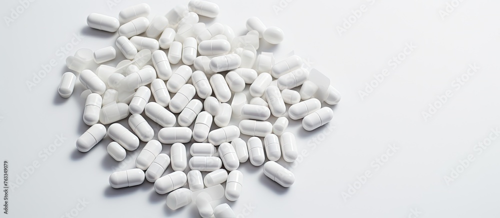 A close-up of assorted white pills on a plain surface A close-up of assorted white pills on a plain surface
