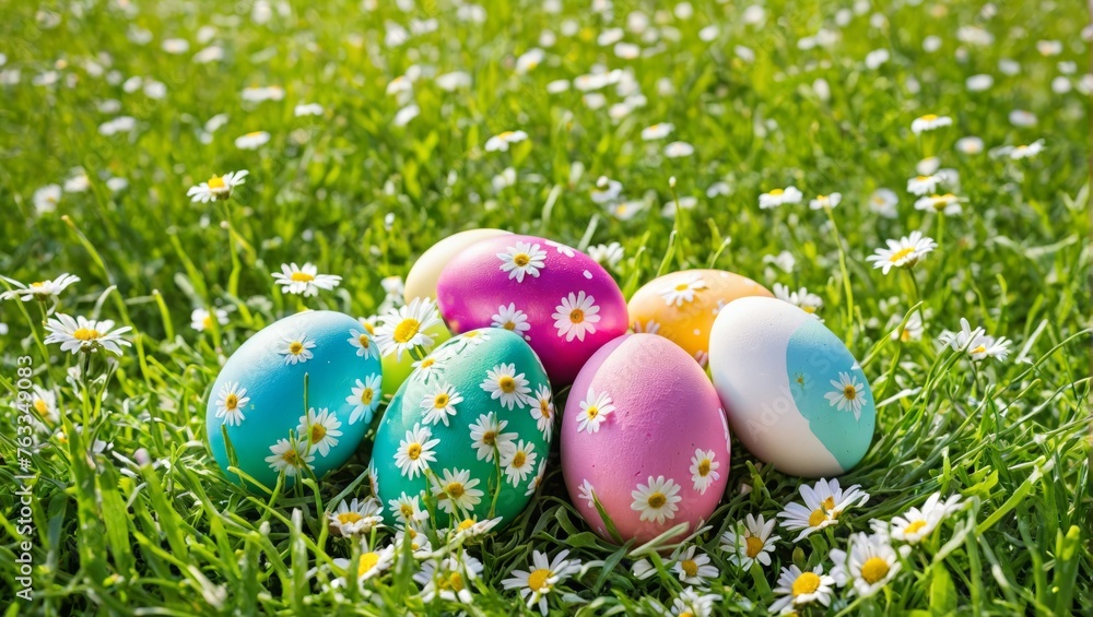 A cluster of Easter eggs surrounded by daisies in the grass, with daisies in the foreground A cluster of Easter eggs surrounded by daisies in the grass, with daisies in the foreground