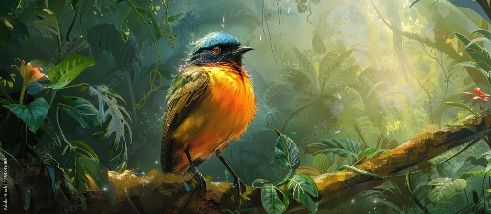 A bird with colorful feathers perched gracefully on a tree branch in a lush, green forest setting The bird appears alert and observant, blending in with the natural surroundings A bird with colorful feathers perched gracefully on a tree branch in a lush, green forest setting The bird appears alert and observant, blending in with the natural surroundings
