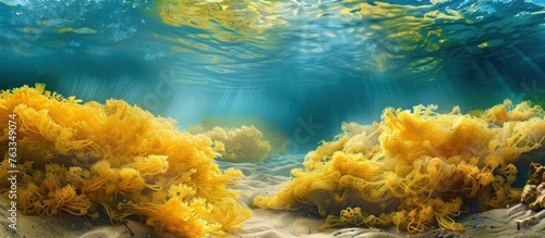 An underwater painting featuring a lively display of yellow algae suspended in the water, injecting a burst of vibrant color into the tranquil aquatic surroundings photo