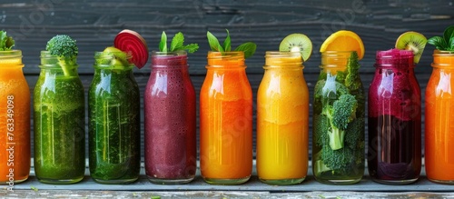 The image shows a row of glass bottles filled with various types of vegetables such as broccoli  carrot  beet  kiwi  and apple Each bottle contains a detox smoothie  creating a colorful display