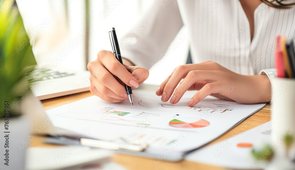 Businesswoman analyzing income charts and graphs. Business analysis and strategy concept. Businesswoman analyzing income charts and graphs. Business analysis and strategy concept.