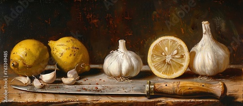 In the painting, garlic, lemon, and shallot are artfully arranged on a wooden table, accompanied by a knife. The rustic setting, with dim lighting and a dark background, adds depth to the scene