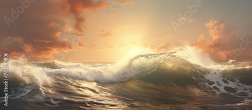 Large ocean wave at sunset