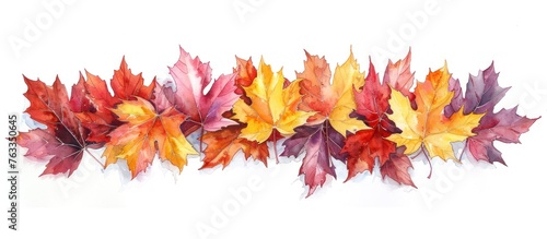 A group of vibrant watercolor maple leaves in various shades of red  orange  and yellow  placed on a clean white background The leaves are arranged in a decorative manner  creating a captivating 