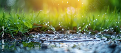 A close up view of water droplets on the ground reflecting light in the vibrant outdoors The water appears to have splashed on the wet grass creating a refreshing scene 