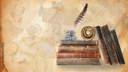 Old Paper Background with Old Books Isolated and Pen with Path and Inkwell