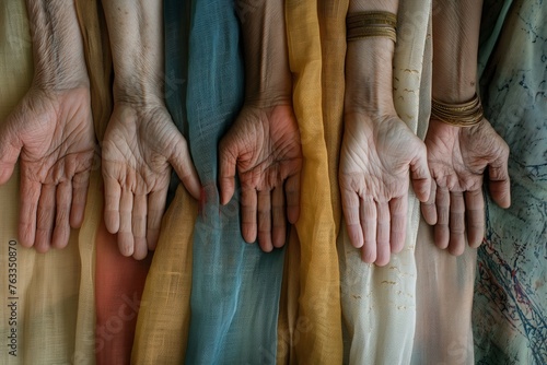 Hands of different generations against a backdrop of colorful textiles, symbolizing diversity and unity photo