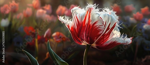 A painting showcasing a red and white fringed tulip also known as Rembrandt tulip with white fringed petals blooming in a garden setting  #763350885