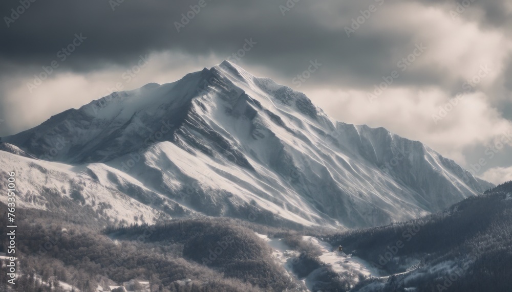 Mountain covered in snow under a cloudy sky Mountain covered in snow under a cloudy sky