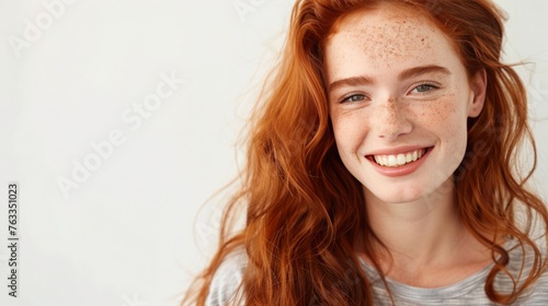 Closeup of happy attractive young woman with long wavy red hair and freckles, happy and smiling isolated over white background, 16:9