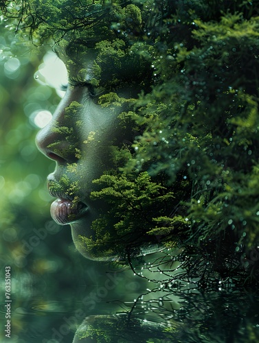 Double exposure of beautiful woman face with green tree reflection in water.