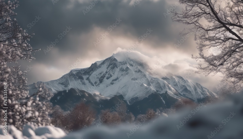 Fototapeta premium Mountain covered in snow under a cloudy sky