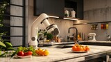 A robotic arm operates as a kitchen assistant, skillfully preparing a meal amidst a modern kitchen environment, showcasing smart home automation.
