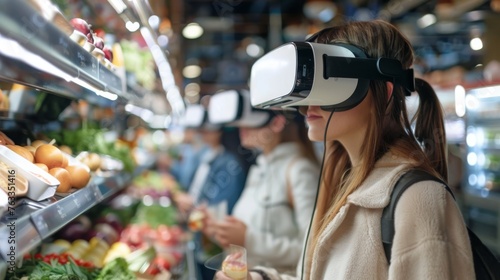 Shoppers wear virtual reality headsets, exploring an enhanced, interactive grocery shopping experience in a supermarket setting.