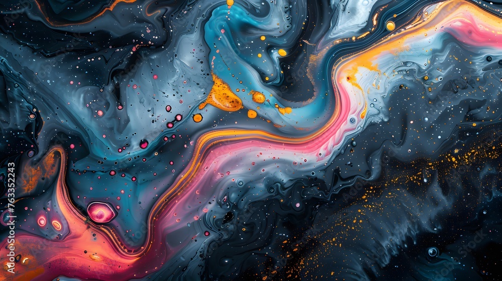 Swirling colors interact in a fluid dance, dynamic patterns that capture the chaos and beauty of abstract art, colorful background with a lot of paint, illustration from Generative AI - obrazy, fototapety, plakaty 
