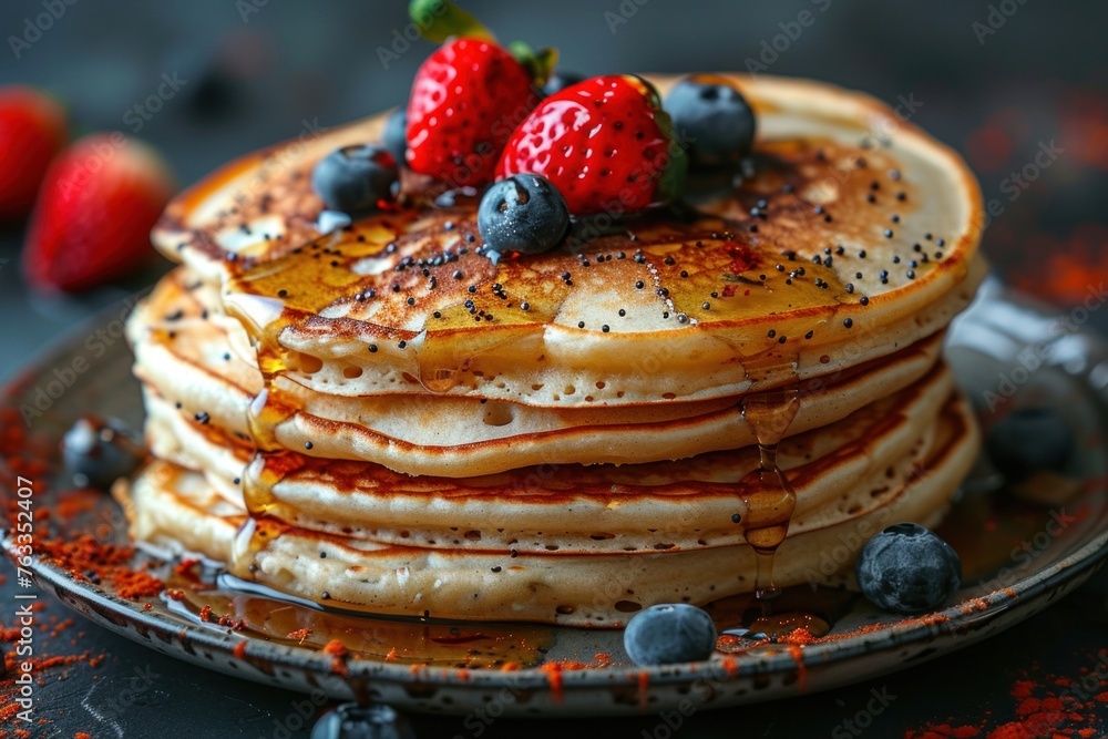 A stack of pancakes topped with fresh strawberries and blueberries A stack of pancakes topped with fresh strawberries and blueberries