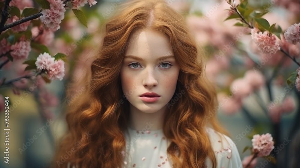 Beautiful young woman with freckles and a model appearance walking in a spring park in a floral dress Beautiful young woman with freckles and a model appearance walking in a spring park in a floral dress