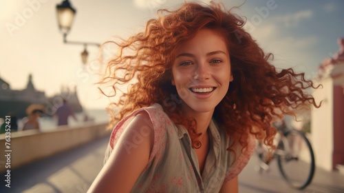 Beautiful young woman with freckles and a model appearance smiling while riding a bike along the promenade. photo