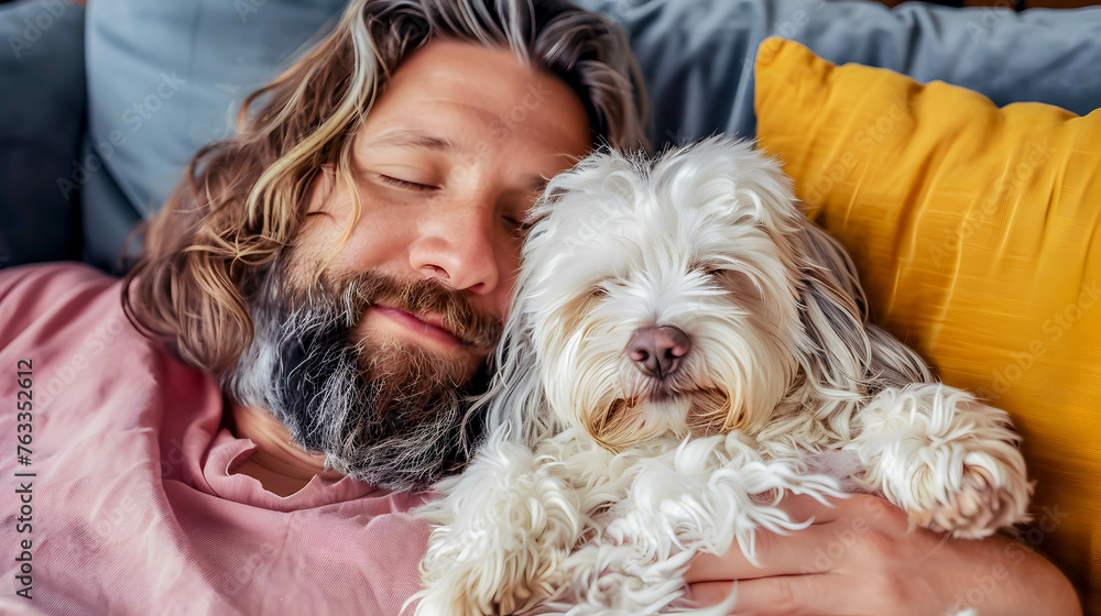 A bearded man and his fluffy white dog sleeping peacefully on a couch, showcasing a bond between pet and owner.
A bearded man and his fluffy white dog sleeping peacefully on a couch, showcasing a bond between pet and owner.