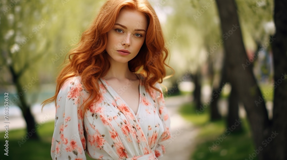 Beautiful young woman with freckles and a model appearance walking in a spring park in a floral dress Beautiful young woman with freckles and a model appearance walking in a spring park in a floral dress