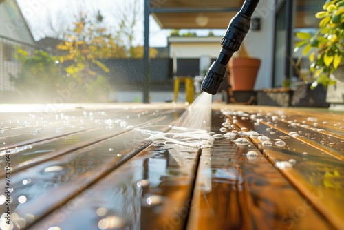 Power washing the terrace with a high-pressure water cleaner. Close-up view of the high water pressure cleaning on the wooden terrace surface. photo