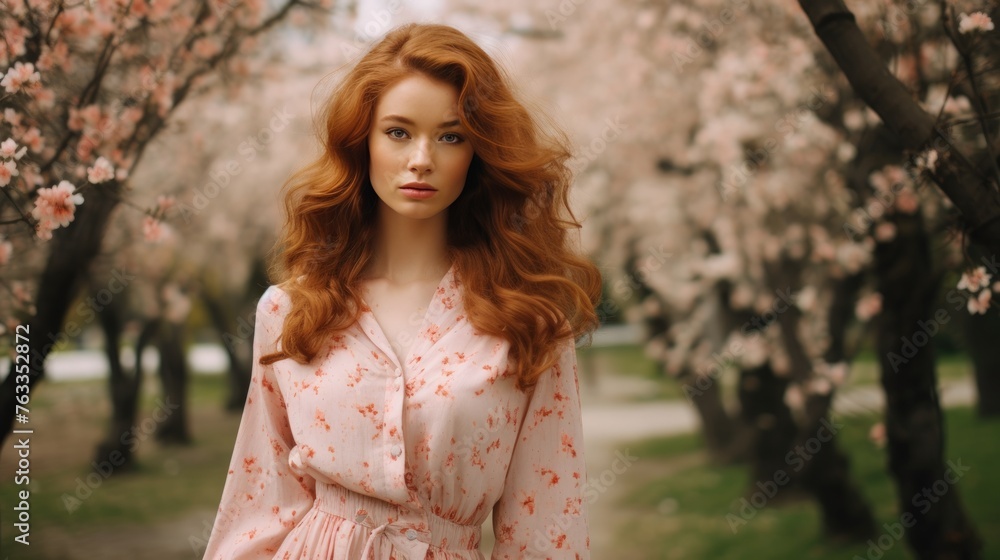 Beautiful young woman with freckles and a model appearance walking in a spring park in a floral dress Beautiful young woman with freckles and a model appearance walking in a spring park in a floral dress