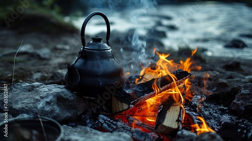 an atmospheric image of a vintage black steel tea kettle on a campfire, capturing the nostalgia and romance of outdoor tea rituals