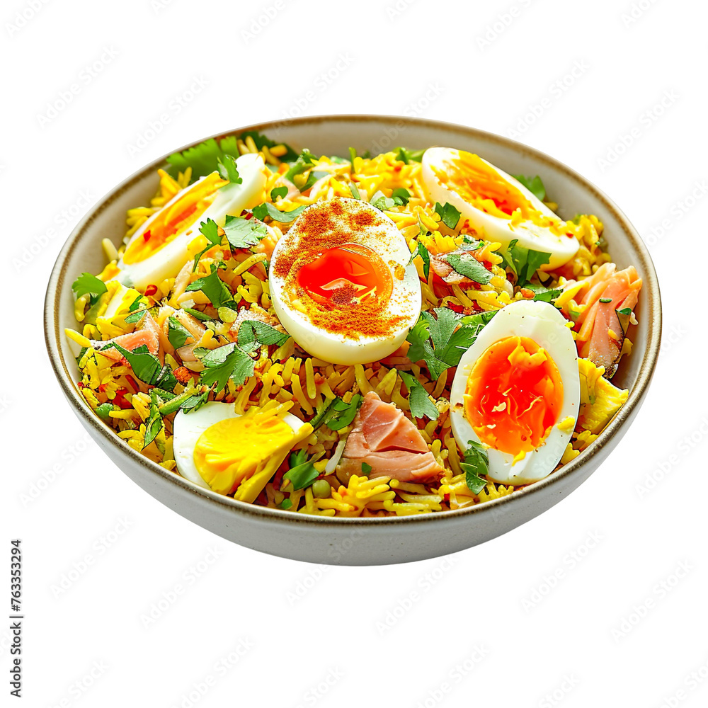 front view of Kedgeree with flaked smoked haddock, rice, and hard