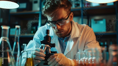 Researcher europe man wear lab cost work mixing test tube specialist sample chemist equipment with microscope at laboratory. Student young man examining biotechnology health medical.