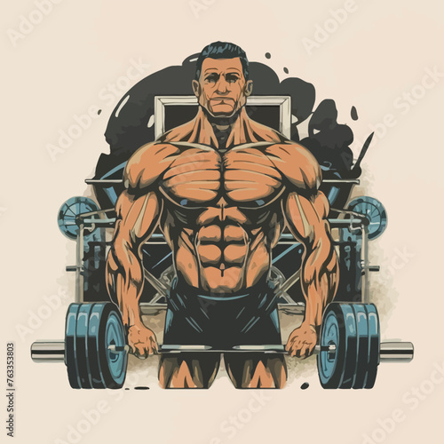 red white black modern style minimalist lines of a strong muscle pose strong body builder anatomy man at gym with bundle Doing exercises in all body positions using different gym equipment