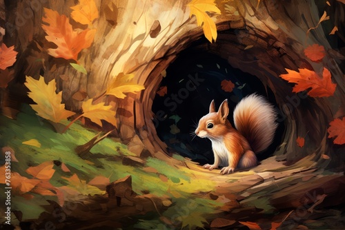 A Squirrel Nestled in a Hollow Tree Trunk
