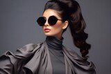 Fashion brunette model in glasses in studio