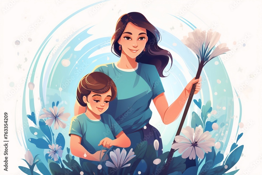 a woman and her child are standing in a garden with flowers. a woman and her child are standing in a garden with flowers.