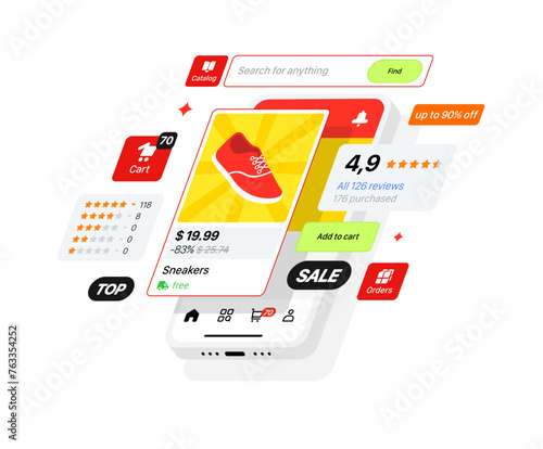 The Chinese Marketplace is displayed on the Phone. Flying 3d panels of the Interface of Mobile Application. Online Store for the Sale and Purchase of goods. E-commerce concept Vector illustration 