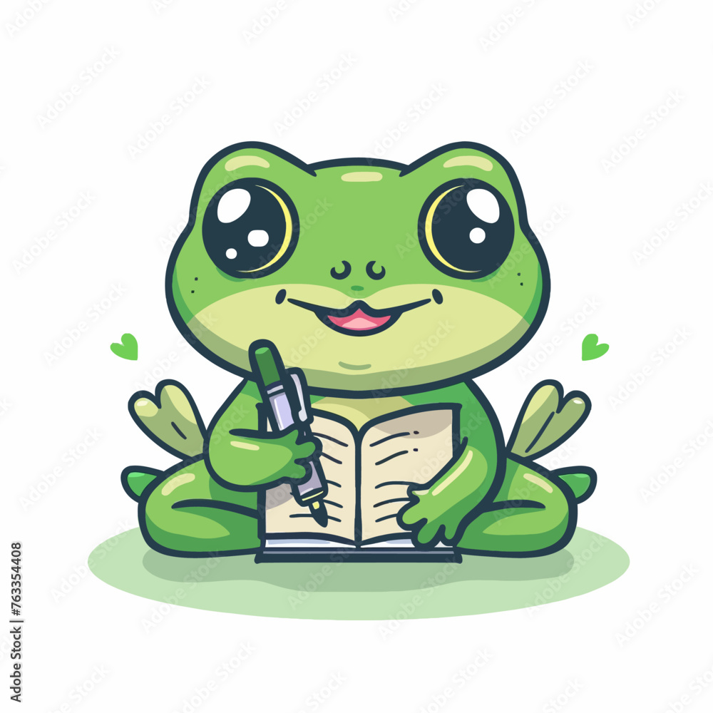 Naklejka premium green frog write on the book