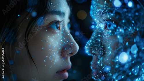 Woman Gazing at Luminous Digital Interface. Generative AI.