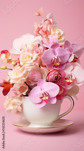 Vertical photo of a cup with pink flowers in it roses  orchids on a pink background