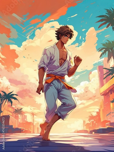 A man performs capoeira tricks. Afro-Brazilian martial art with elements of dance, music and acrobatics Trendy retro anime art. Popular sport.