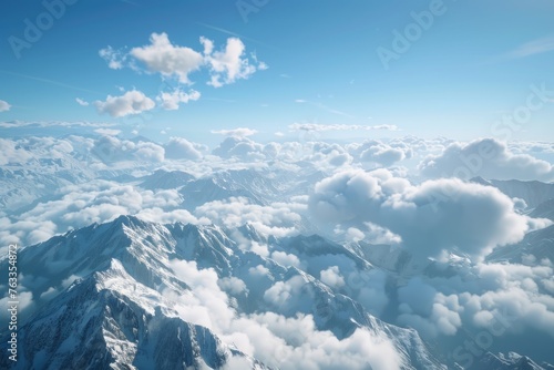 A breathtaking aerial view of the Alps, showcasing snow-covered peaks and vast blue skies with elegant white clouds, creates an enchanting scene Generative AI