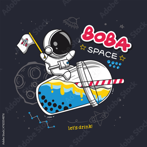 Playful vector illustration of an astronaut sipping boba tea while floating in outer space